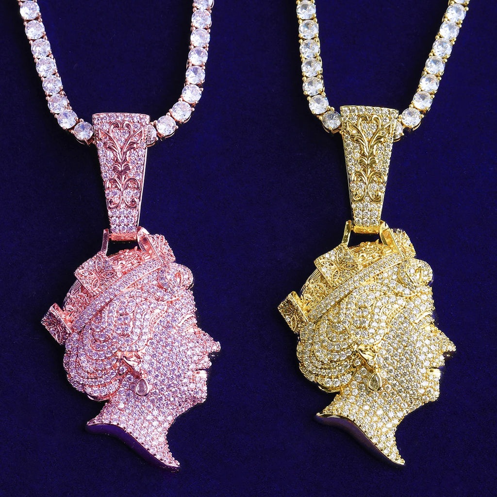 Bubble Letter Iced Out Queen Head Necklace Pendant  for Men Real Gold Plated 5A Cubic Zirconia Hip Hop Jewelry