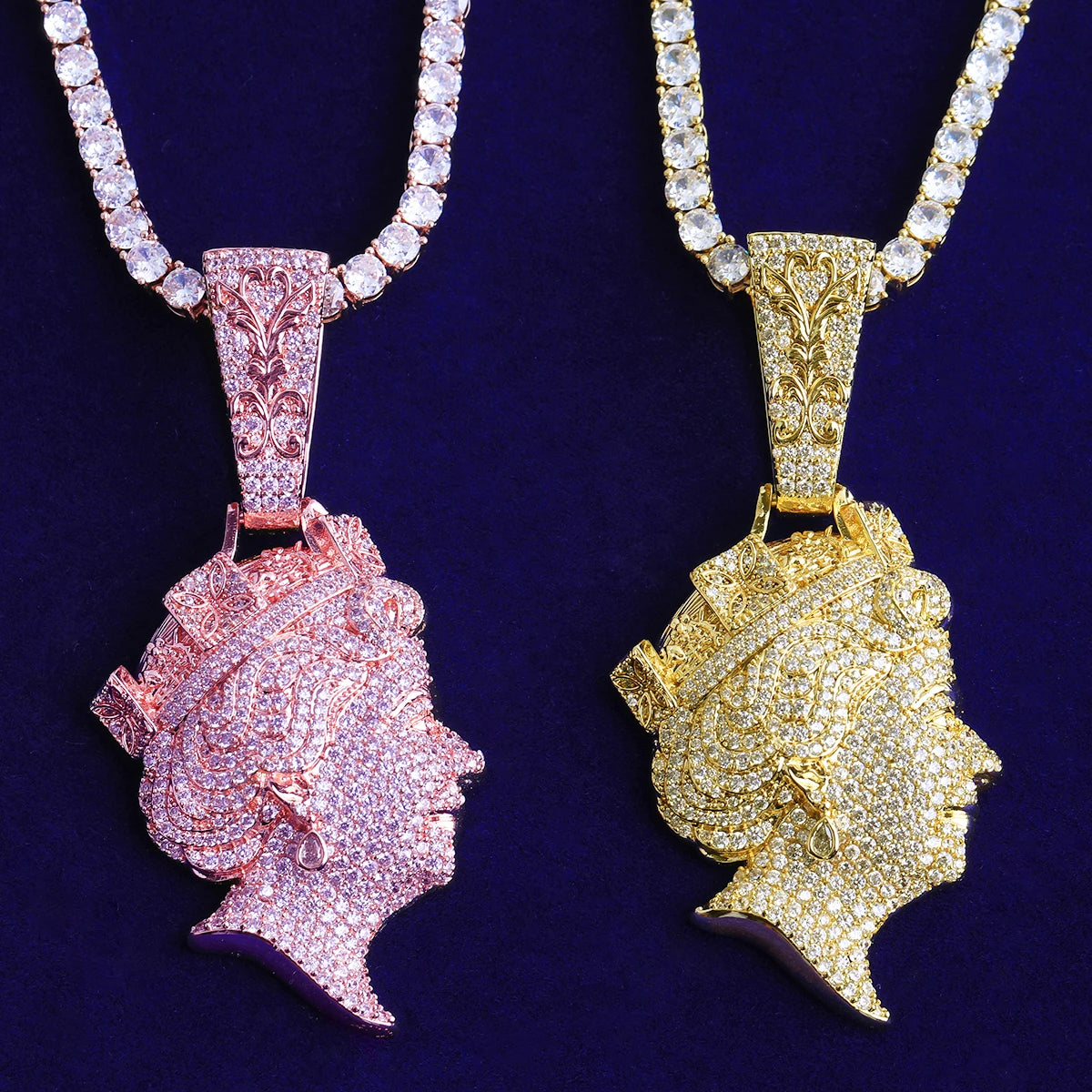 Bubble Letter Iced Out Queen Head Necklace Pendant  for Men Real Gold Plated 5A Cubic Zirconia Hip Hop Jewelry