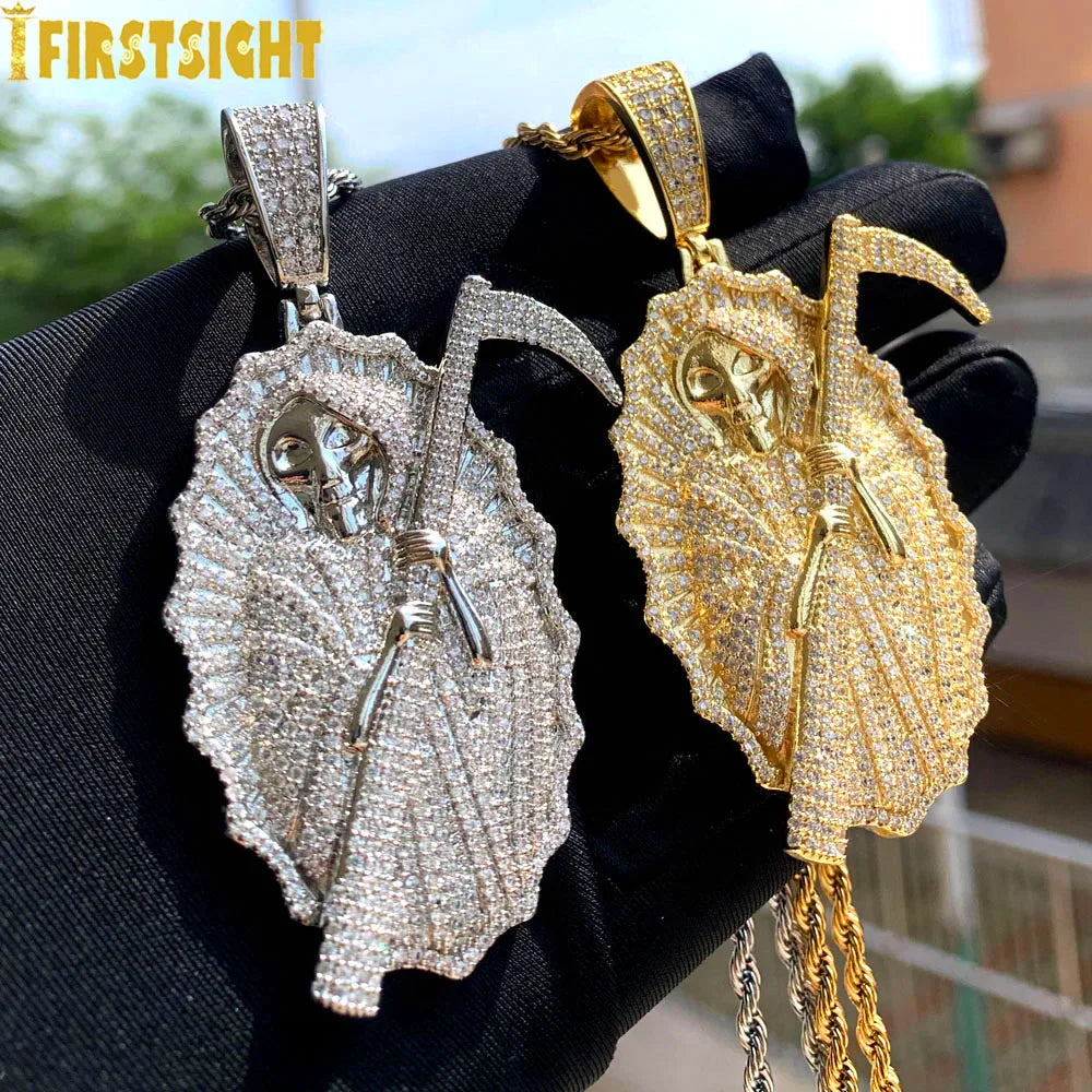 2023 New Grim Reaper Death Pendant Necklace Iced Out Bling Gold Color CZ The King Of Terrors Charm Men Women Hip Hop