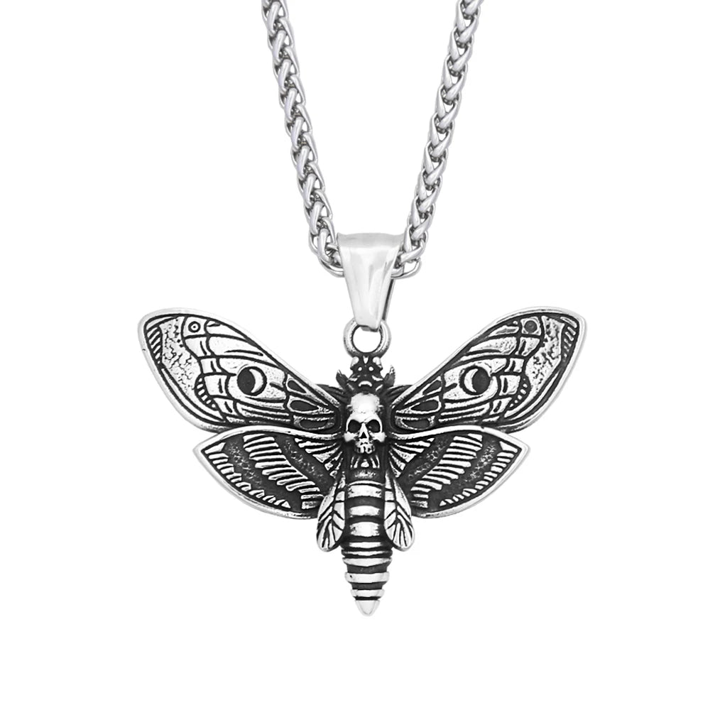 Death Head Moth Skull Pendant Necklace For Men Stainless Steel Gothic Punk Jewelry Halloween Animal Theme Collar Chain Gifts