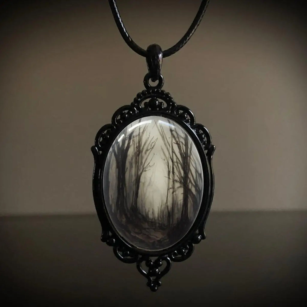Gothic Crow Black Forest Charm Necklace Fashion Witch Jewelry Gift Pagan Cross Black Cat Skull Glass Pendant Necklace