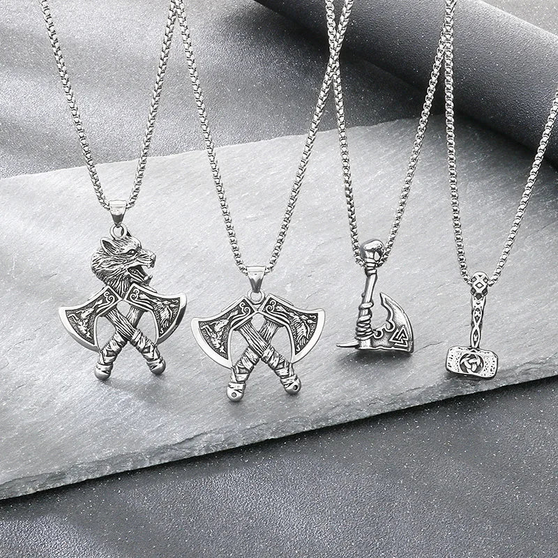 Trendy Retro Crow Prairie Wolf Double Sided Viking Tomahawk Pendant Necklace Charm Men's Necklace Metal Accessorie Party Jewelry
