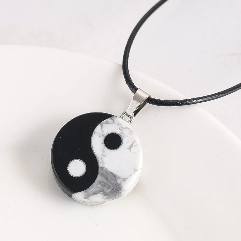 Black White Natural Obsidian Pendant Necklaces Taoism Charms Yin Yang Tai Chi Semi-precious Stone Round Bagua Jewelry