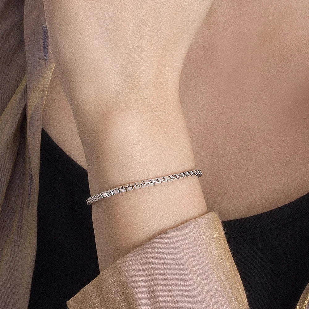 100% Solid 925 Sterling Silver Box Chain Bracelet Unisex Bangle For Men & Women Thoughtful Jewelry Gift for Birthdays/Holidays