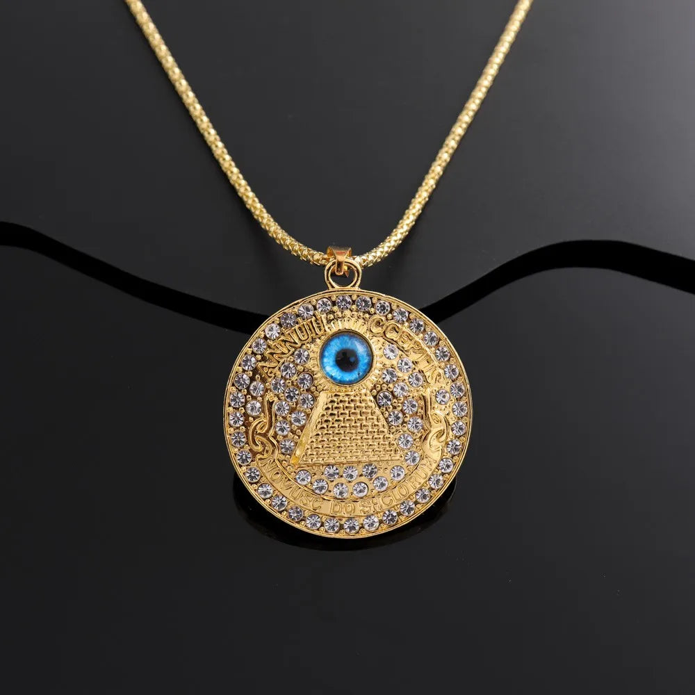 Iced Out Eye of Horus Pyramid Pendant Necklace — Gold-Tone