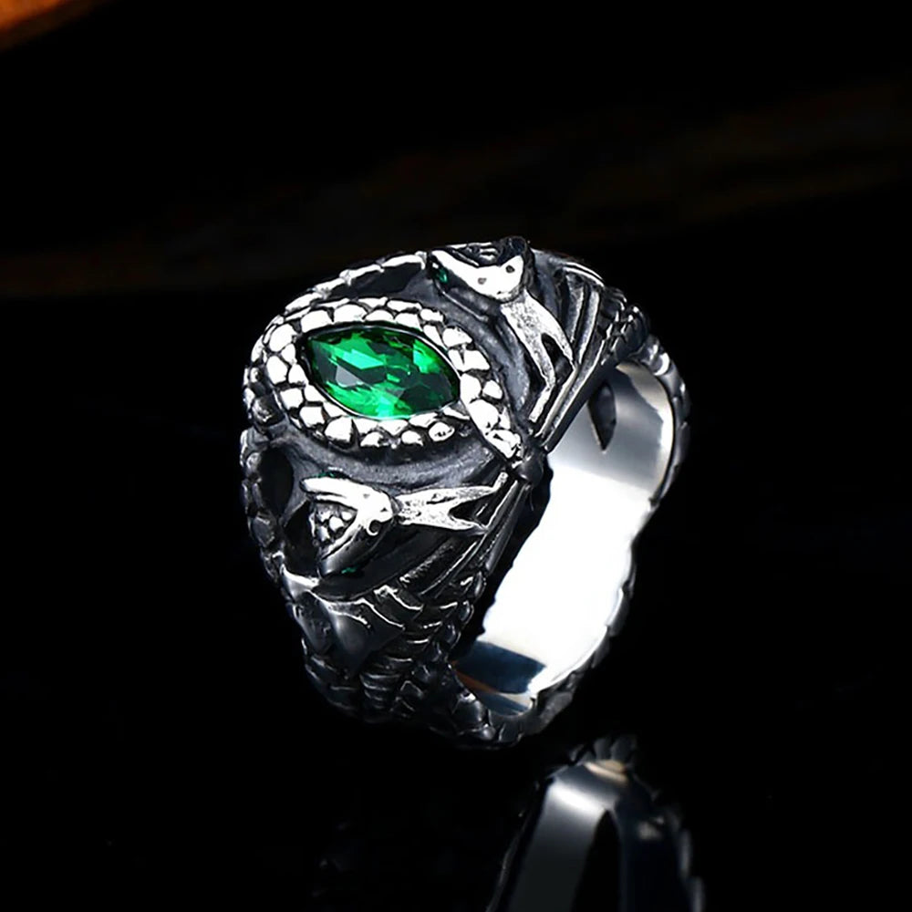 Vintage 316L Stainless Steel Aragorn II Barahir Snake Rings With Green Stone Eye For Men Women Fashion Punk Jewelry Dropshipping
