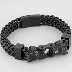 Men's Double Wolf Head Bracelets Stainless Steel Viking Jewelry Punk Rock Bicycle Chain Man Bracelet for Men 8.46" Male