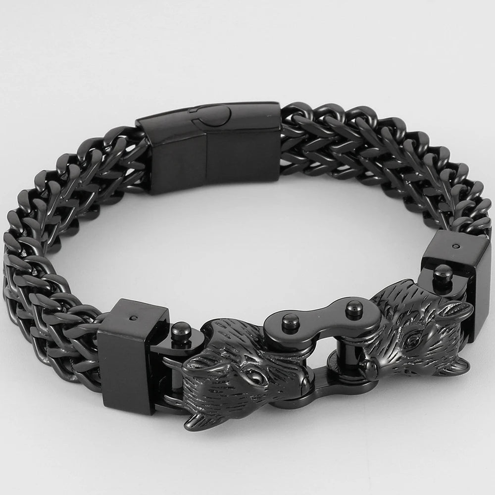 Men's Double Wolf Head Bracelets Stainless Steel Viking Jewelry Punk Rock Bicycle Chain Man Bracelet for Men 8.46" Male