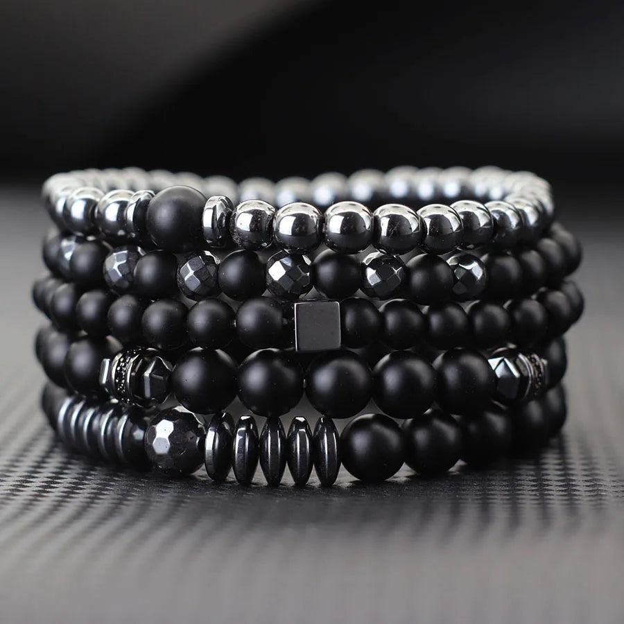 Black-Tone Beaded Bracelet Set — 6mm 8mm Wrap