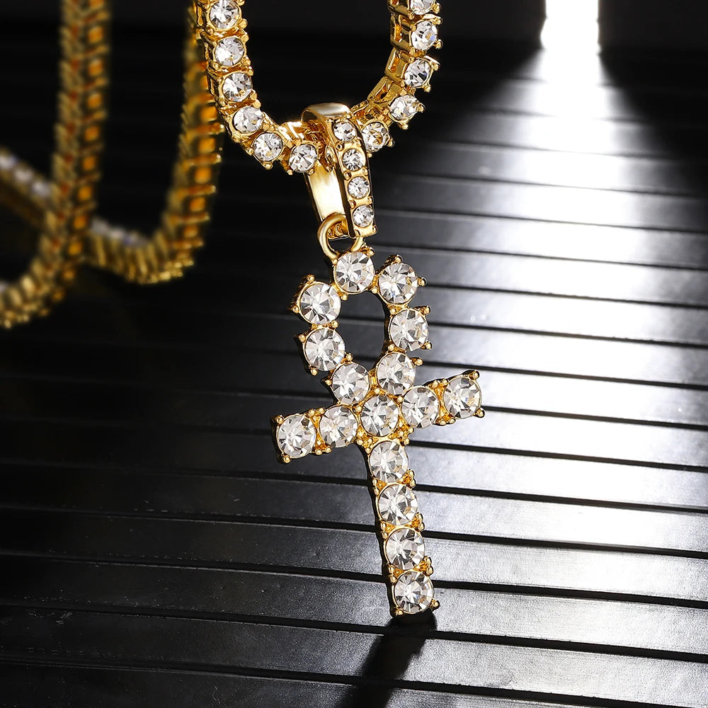 Iced Out Ankh Cross Pendant With 4mm Tennis Chain Necklace Good Luck Sparkling Hip Hop Creative Jewelry for Men Women Gift