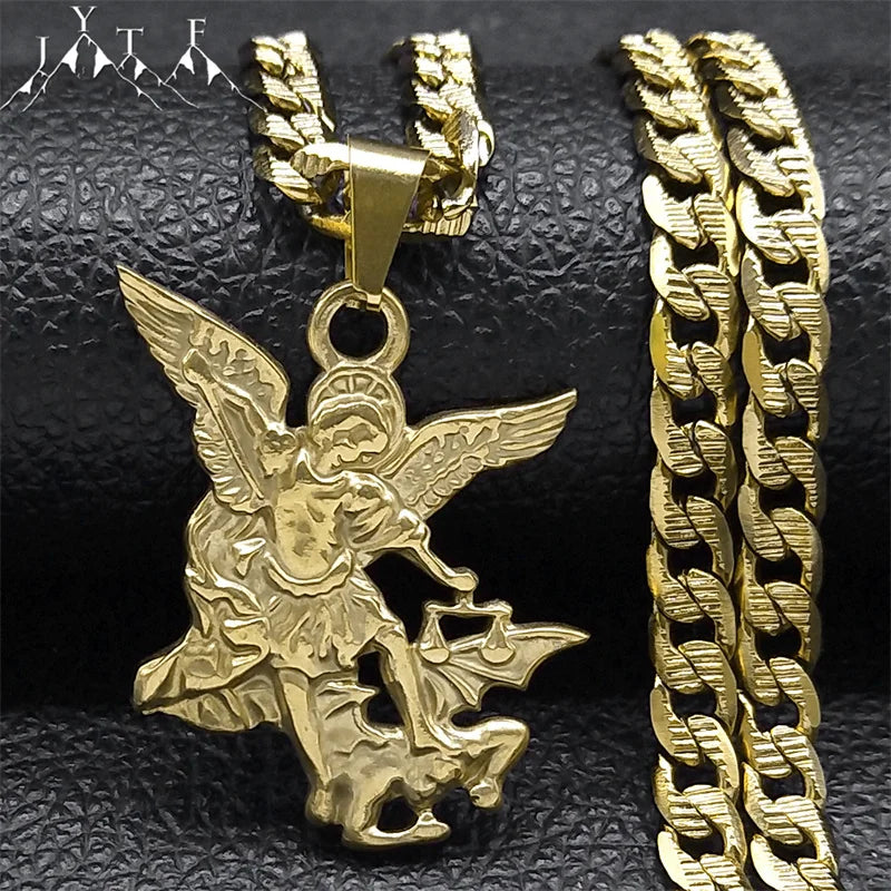 SAINT MICHAEL PROTECT US Archangel Stainless Steel Pendant Necklace for Women Men Gold Color Necklace Choker Jewelry