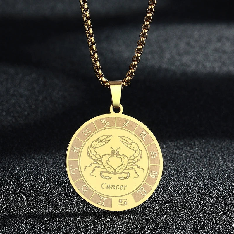 Stainless Steel Zodiac Sign Necklace For Women Men 12 Constellation Libra Symbol Pendant Necklace Amulet Collar Men Jewelry Gift