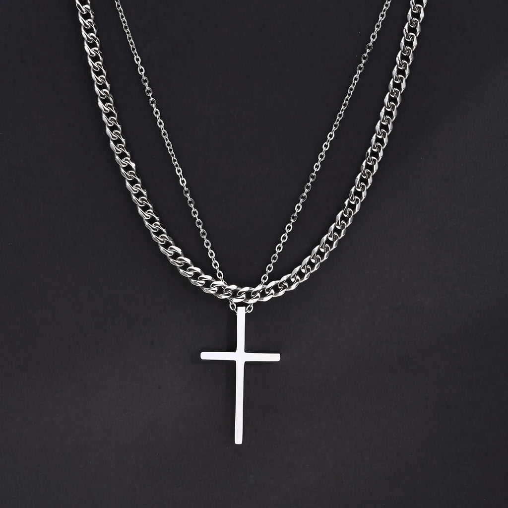Layered Cross Pendant Set — Stainless Steel