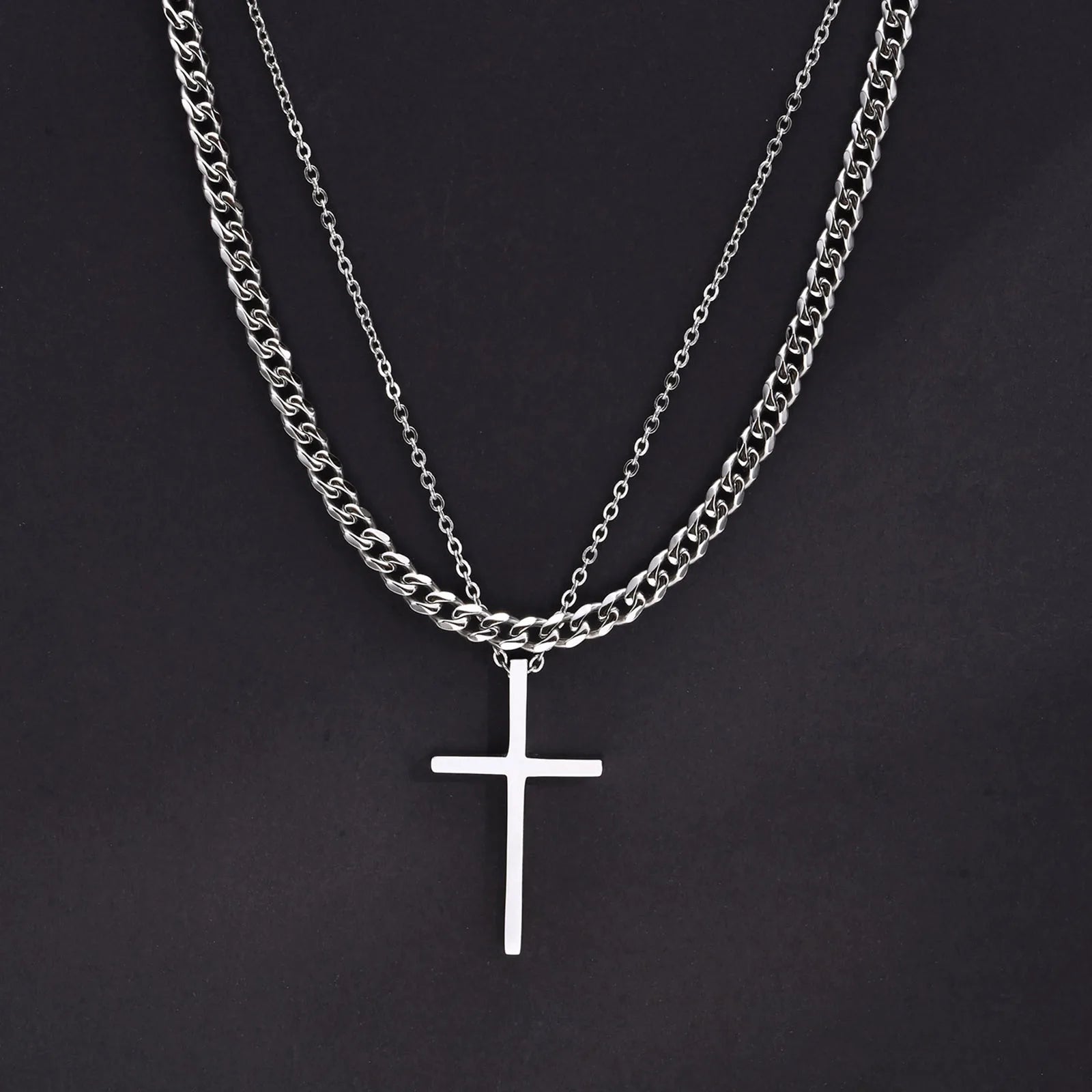 Layered Cross Pendant Set — Stainless Steel