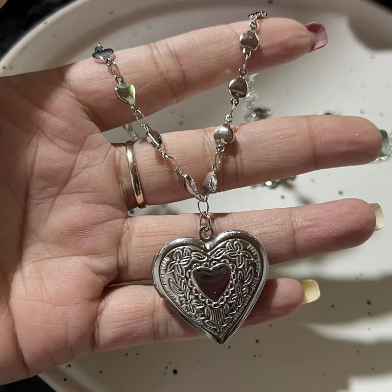 Heart Locket Layered Beaded Chain Necklace Fairy core coquette rosary Fairy Casual Cottage 00s Handmade