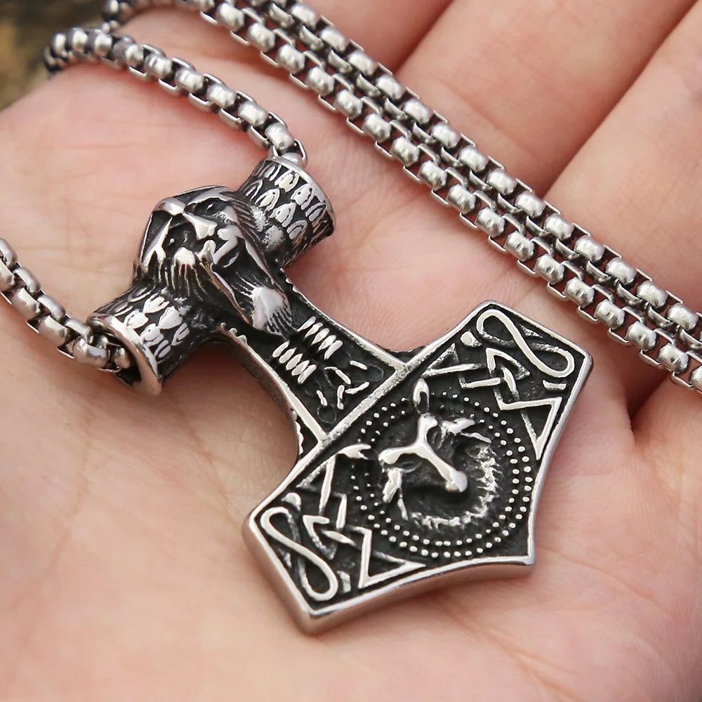 Stainless Steel Vintage Viking Thor's Hammer Wolf Pendant Necklace Norse Punk Amulet Jewelry Men Gift