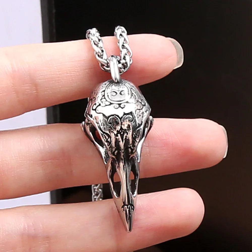 Fashion Vintage Raven Skull Pendant Necklace Mens Stainless Steel Unique Cool Carved Raven Animal Necklaces Jewelry Dropshipping