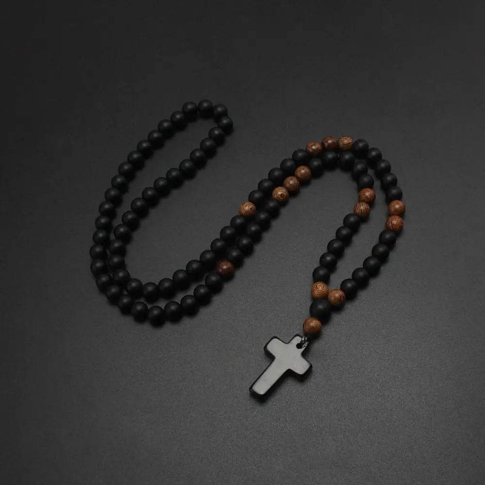 New Cool Rosary Cross Black Round Beads Tiger Eye Stone Cross Pendent Black Cross Pendant Matte Long for Men and Women