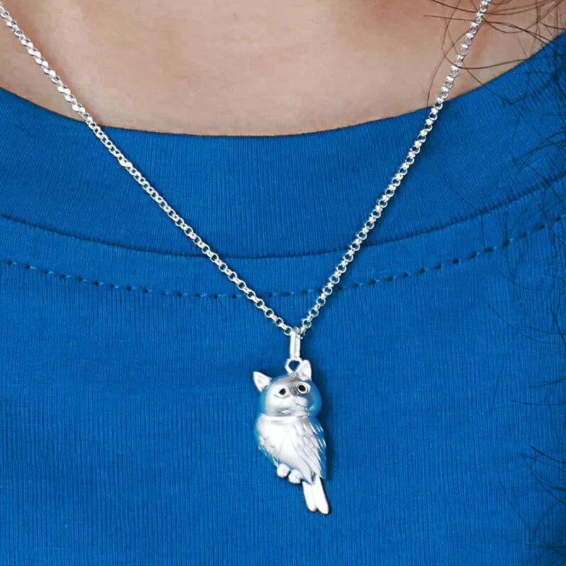 Golden Silver Colored Textured 3D Cute Owl Bird Necklace Pendant Women Lovely Animal Fashion Chic Dainty Pendant