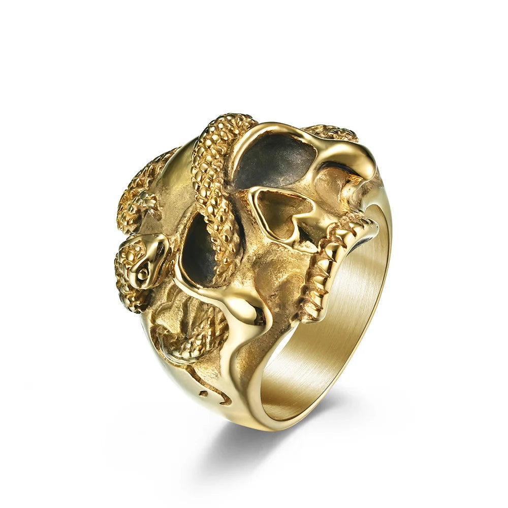Gothic 316L Stainless Steel Skull Snake Ring For Men Punk Hip Hop Steel/Gold Color Skull Rings Fashion Jewelry Gift Wholesale