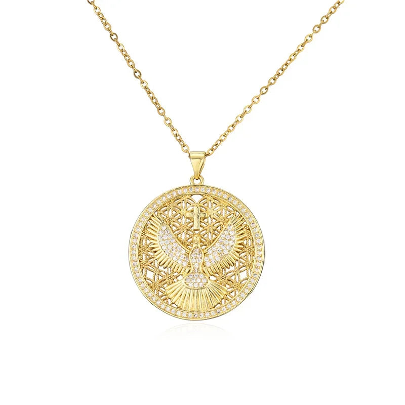 Stainless Steel Cross with Eagle Metal Necklace Hollow Out Flower of Life Golden Color Round Pendant Clothes Accessory