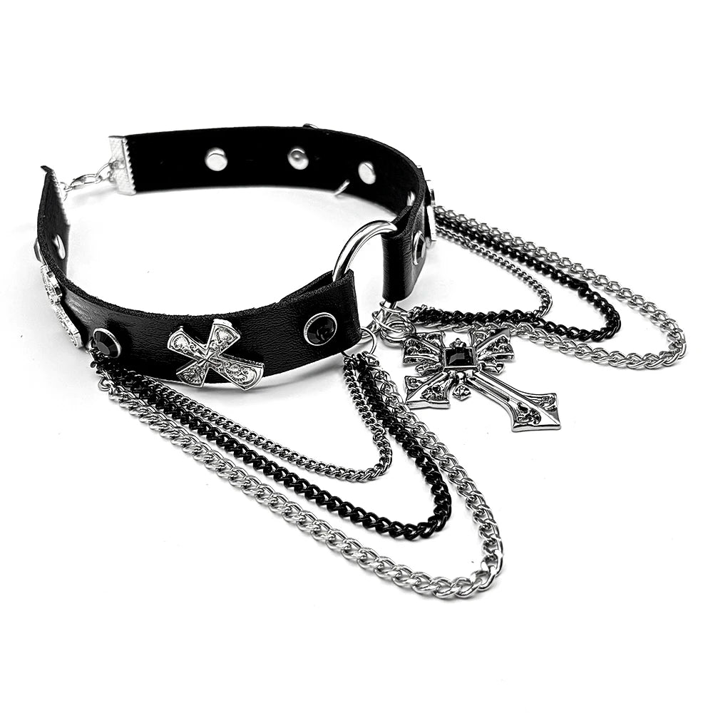 Gothic Cross Leather Choker Necklace — Silver