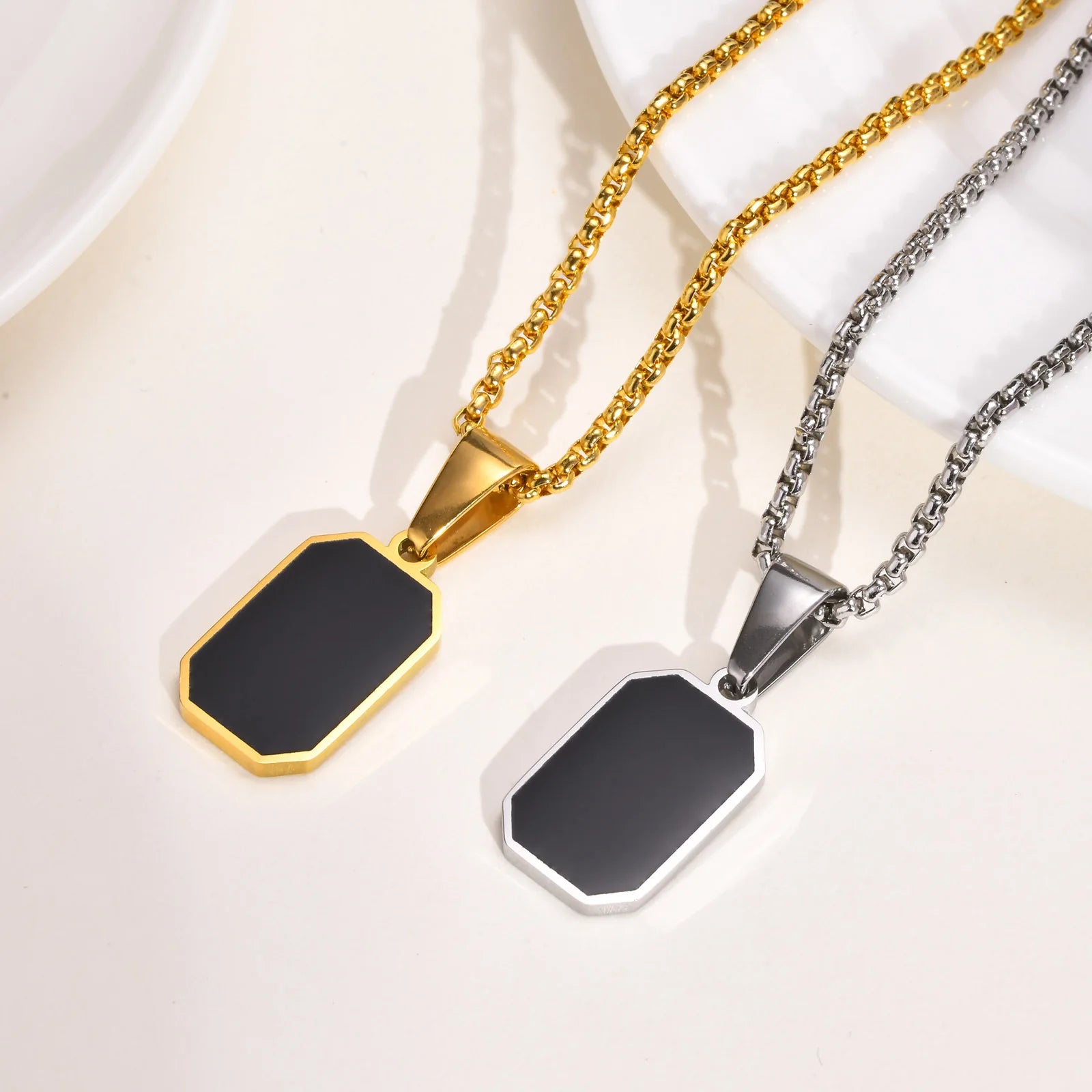 Black Enamel Rectangle Rope Chain Pendant