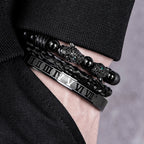 3PCS Mens Premium Black Agate Beaded Bracelet Set - Double Leopard Head, Roman Numerals, Adjustable Braided Design