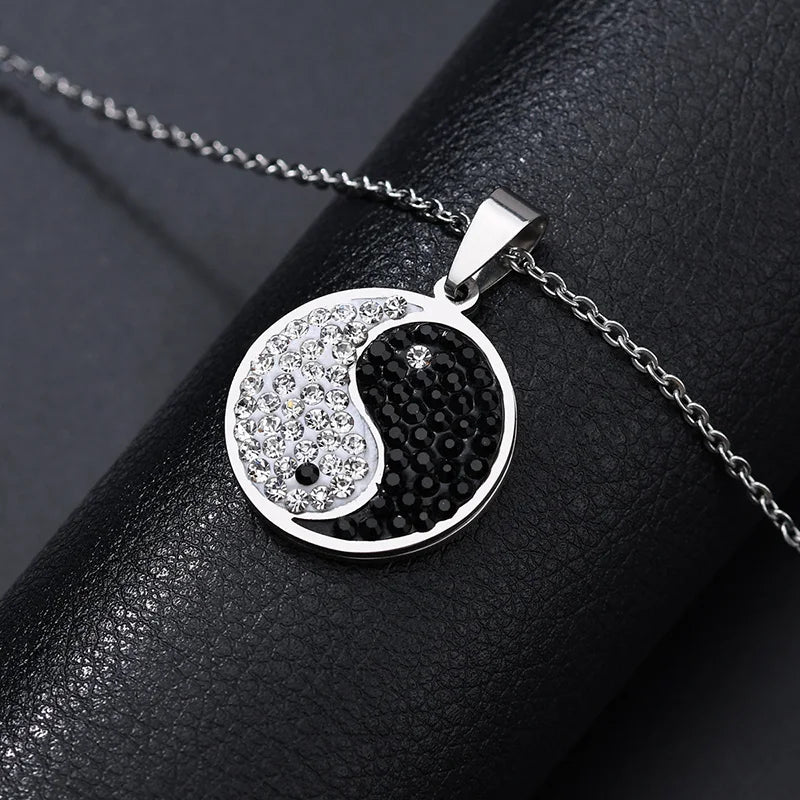 Trendy Black White Zircon Yin Yang Tai Chi Bagua Necklace For Women Men Stainless Steel Circle Pendant Jewelry Gifts