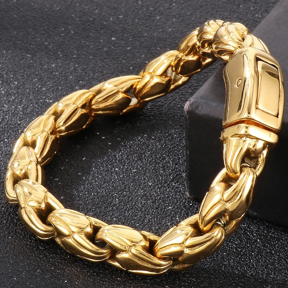 10MM Width Sunflower Seeds Style Chain Man Bracelet for Men Gold Color Polished Stainless Steel Male Bracelets Wrist
