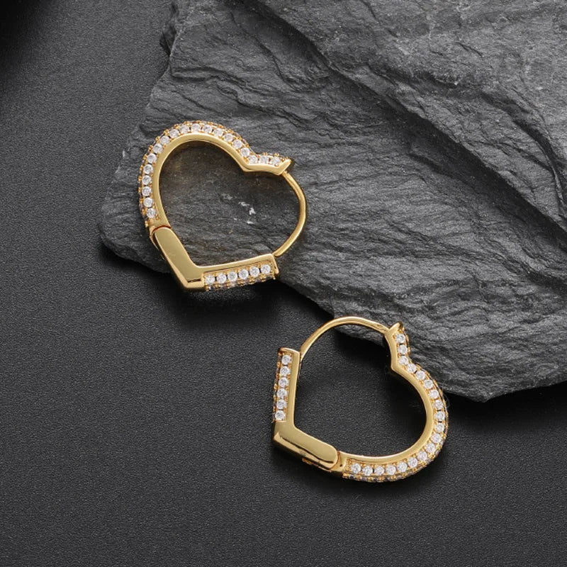 Iced Out Heart Hoop Earrings Stainless Steel CZ