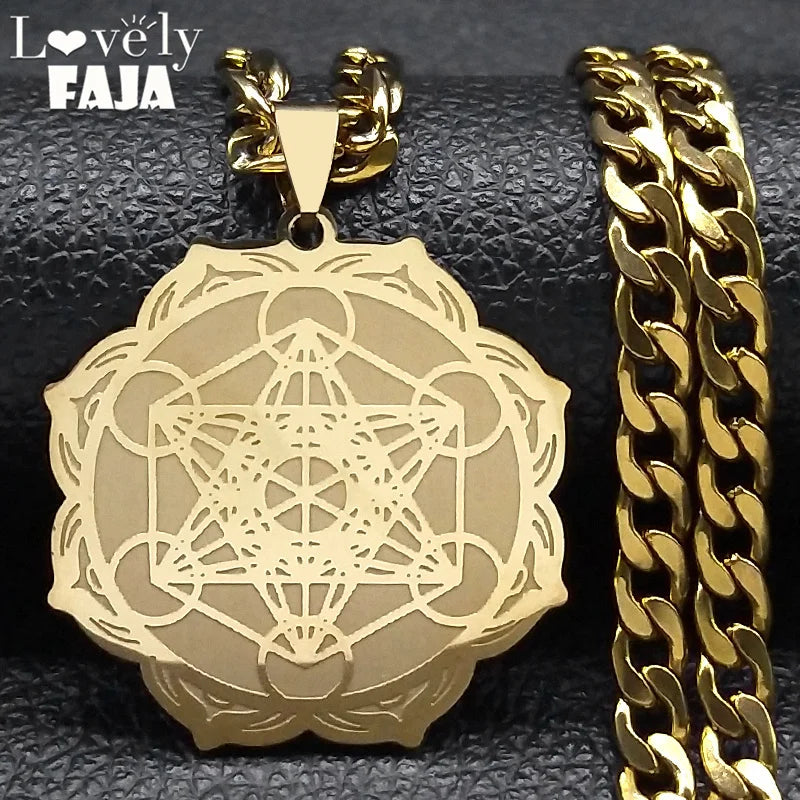 Lotus Steel Pendant Sacred Geometry Metatron Cube