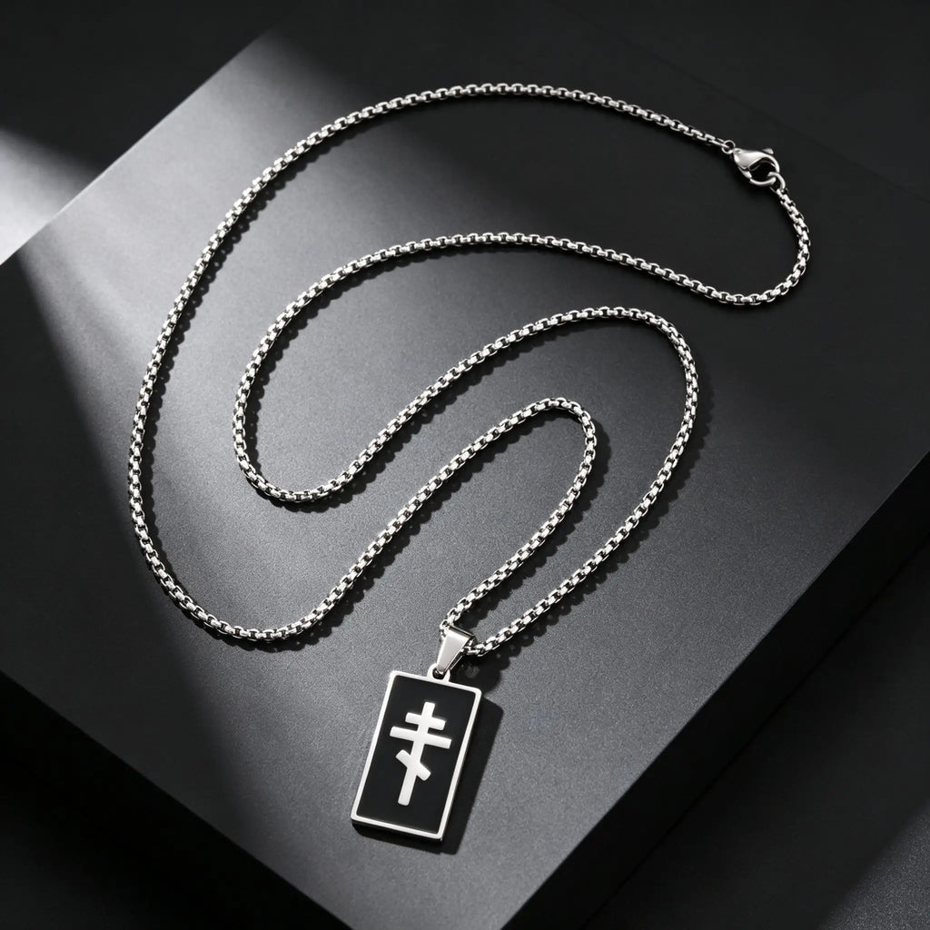 Orthodox Church Cross Necklace — Black Enamel, Stainless Steel