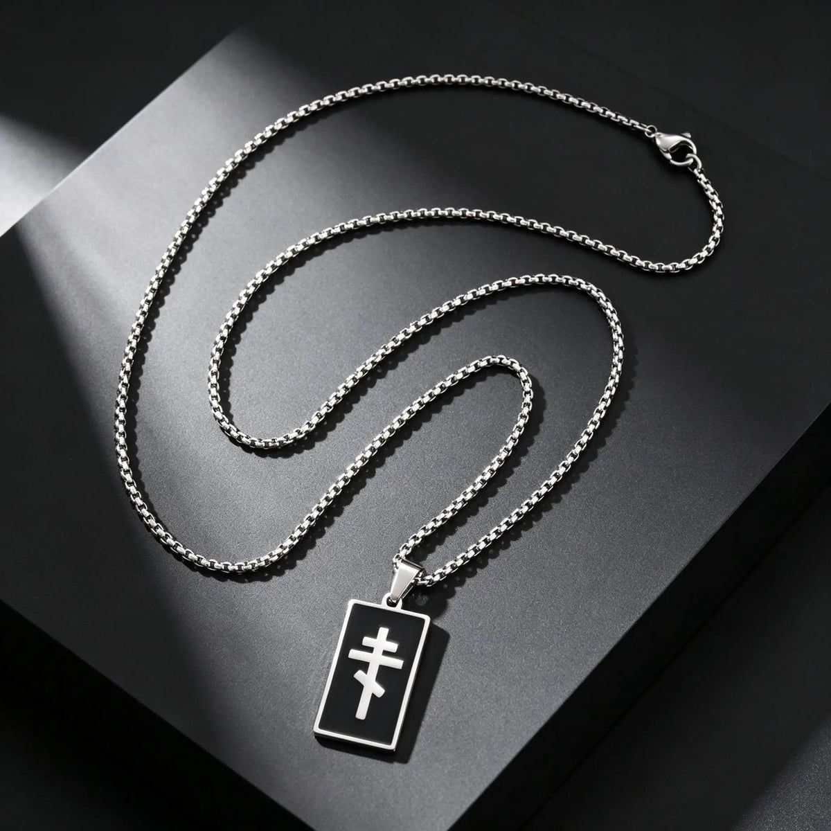Orthodox Church Cross Necklace — Black Enamel, Stainless Steel