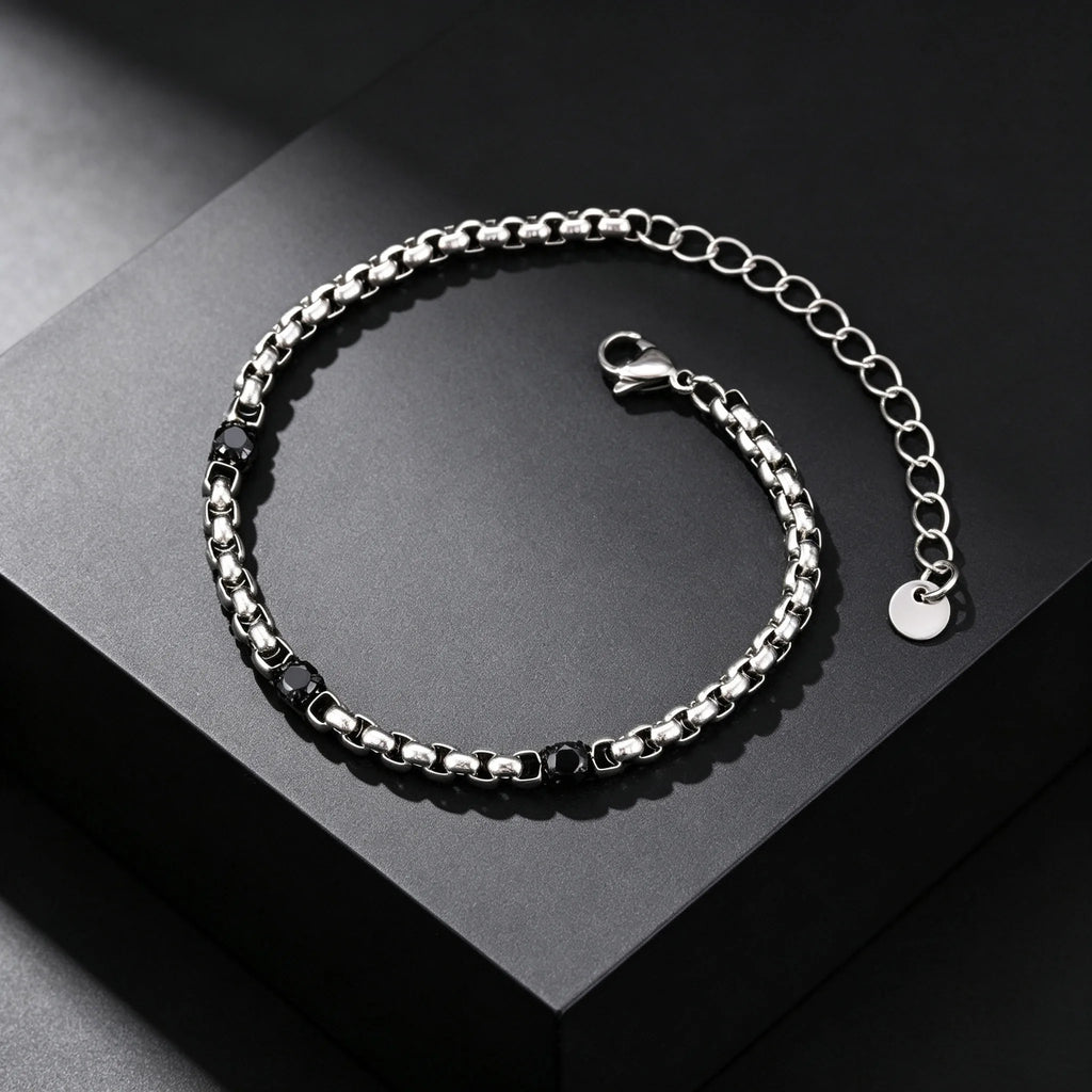 Fashion Simple Black Zircon Charm Bracelet for Men, Adjustable Waterproof Stainless Steel Chain Bracelets, Punk Stylish
