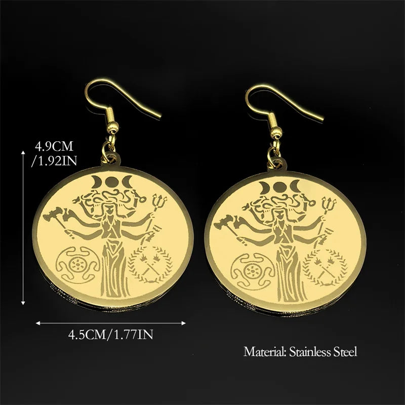 Snake Trident Gold Earrings Wicca Triple Moon