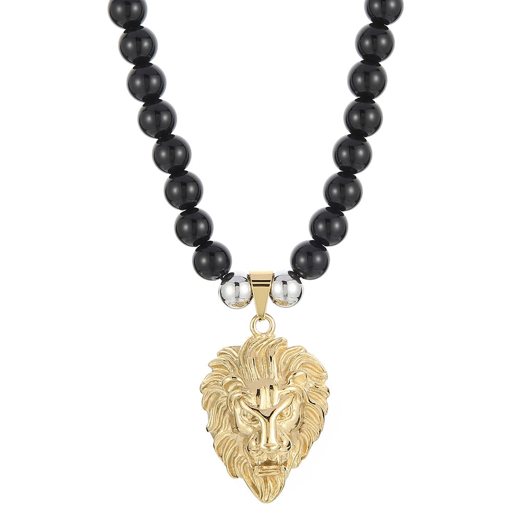 Steampunk Lion Head Pendant Necklace for Men With 66CM Agate Beads Chain Black Gold Color Hiphop Jewelry Bold Statement