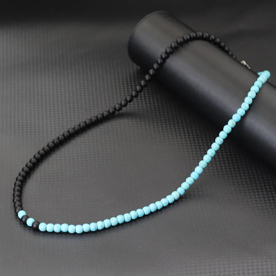 Stylish 6mm Stone Healing Necklace For Men 24 Inches Long Collar Stainless Steel Buckle Black White Yin Yang Bicolor