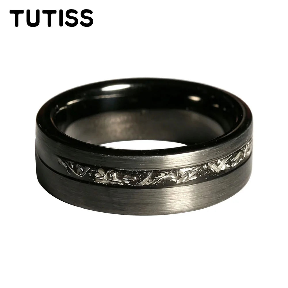 TUTISS 6/8mm Black Meteorite Tungsten Carbide Ring, Offset groove Brushed Finish, Couple Ring, Unique Wedding Band for her（Him）