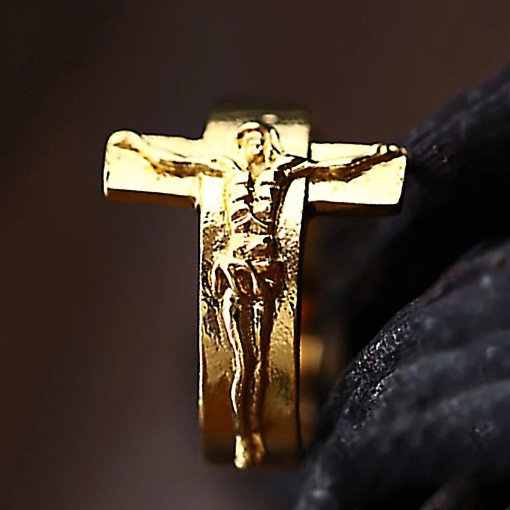 Men's Vintage Stainless Steel Jesus Cross Rings Fashion Character Relief Religious Ring Creative Party Gothic Jewelry