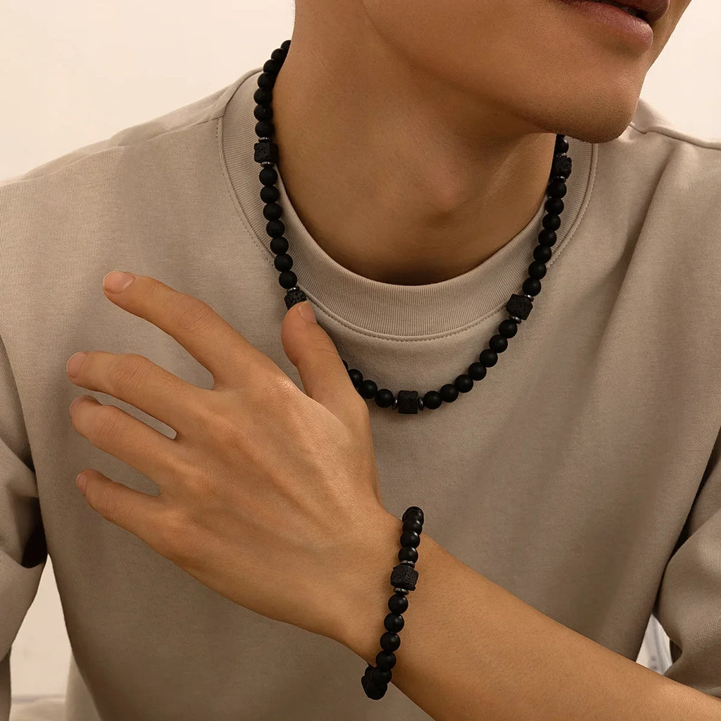 8mm Matte Black Stone Necklace for Men Jewelry Natural Onyx Square Lava Beads Necklaces Fashion Rosary Jewelry