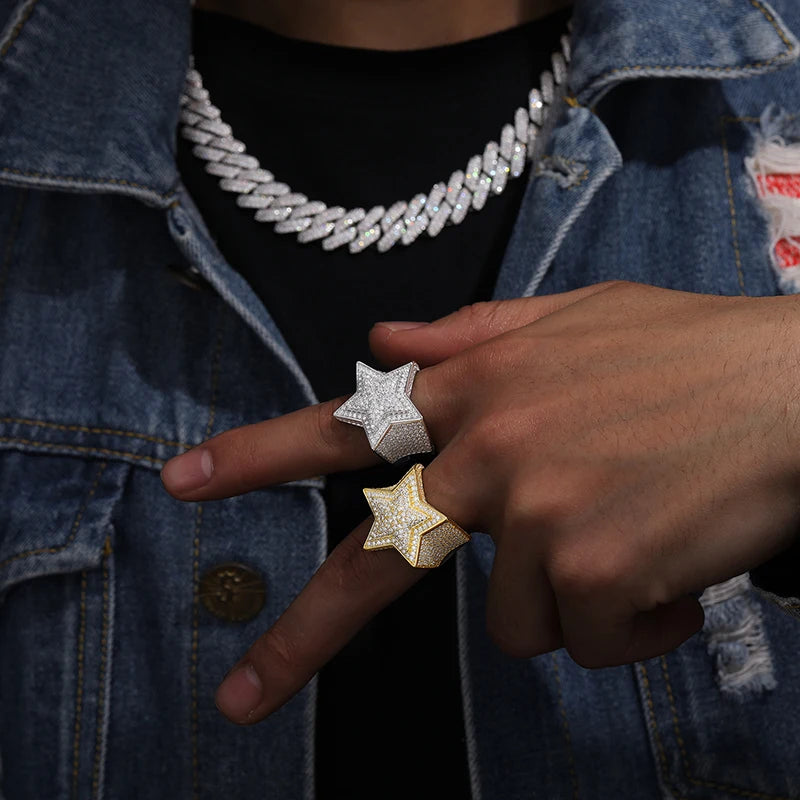 TUHE Unisex Hip Hop Men Moissanite Rings S925 Silver Jewelry For Men Star Ring Hip Hop Jewelry Gift