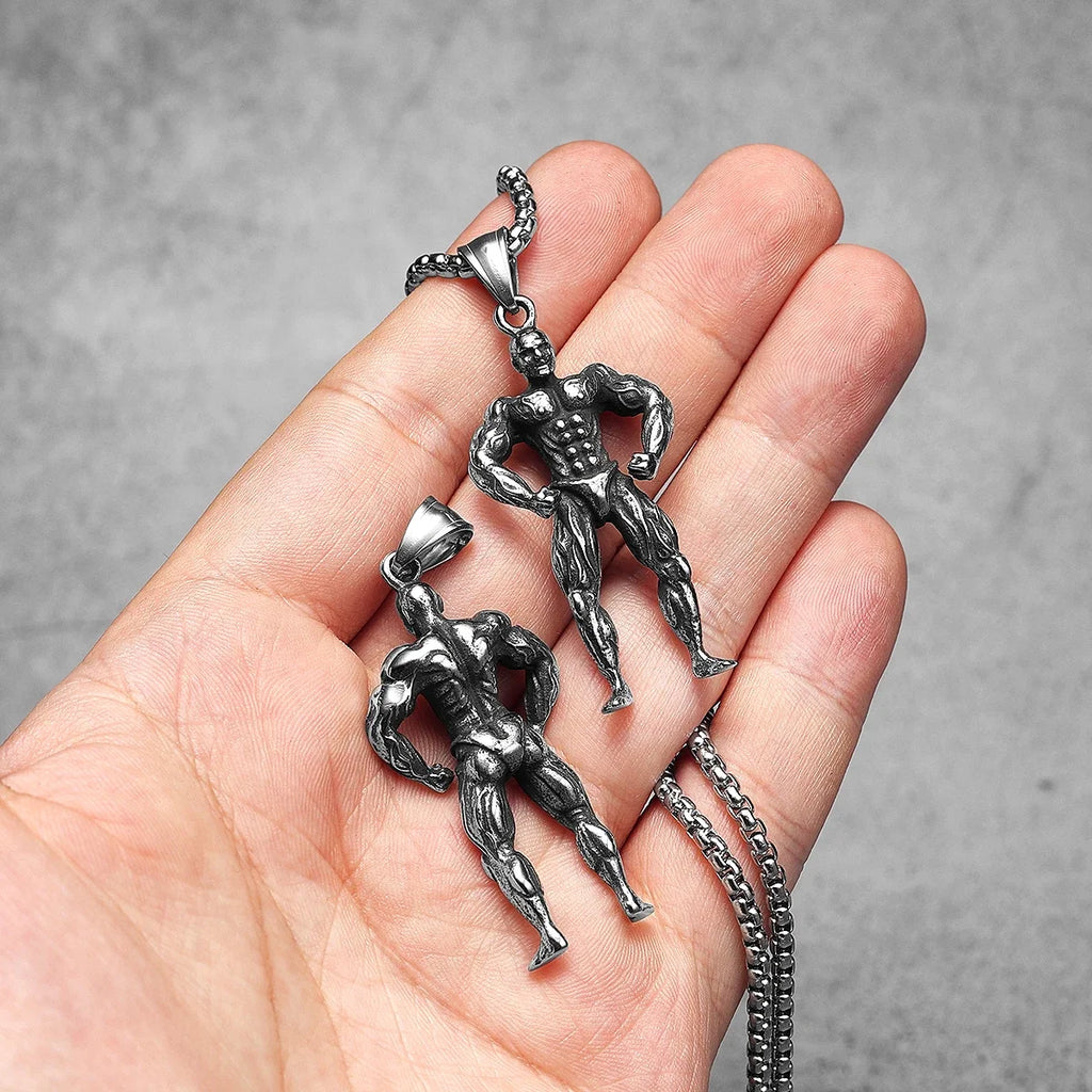 Bodybuilder Muscle Man Pendant Necklace — Stainless Steel