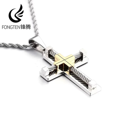 Cross Cable Chain Pendant Necklace — Stainless