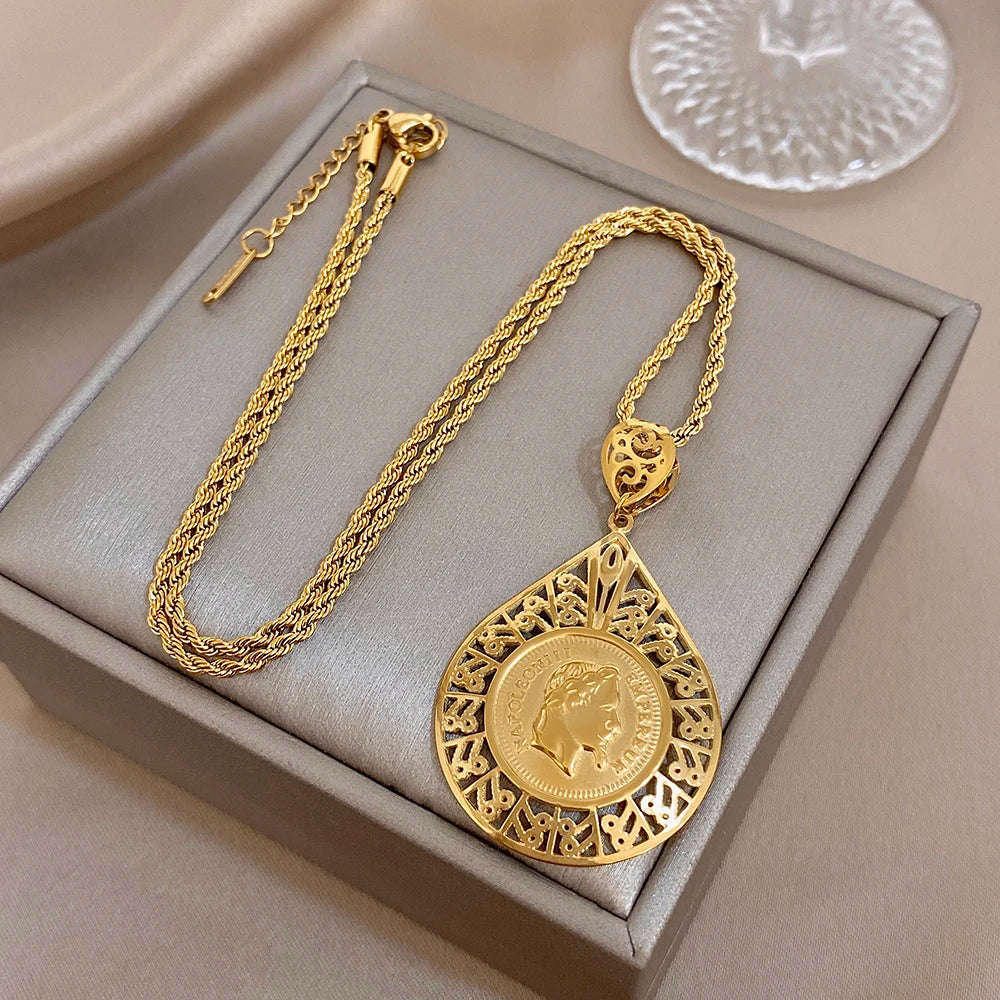Greatera Vintage Embossment Teardrop Pendant Necklace For Women Men Chic Hollow Artistic Design Stainless Steel Jewelry Party