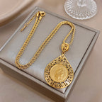 Greatera Vintage Embossment Teardrop Pendant Necklace For Women Men Chic Hollow Artistic Design Stainless Steel Jewelry Party