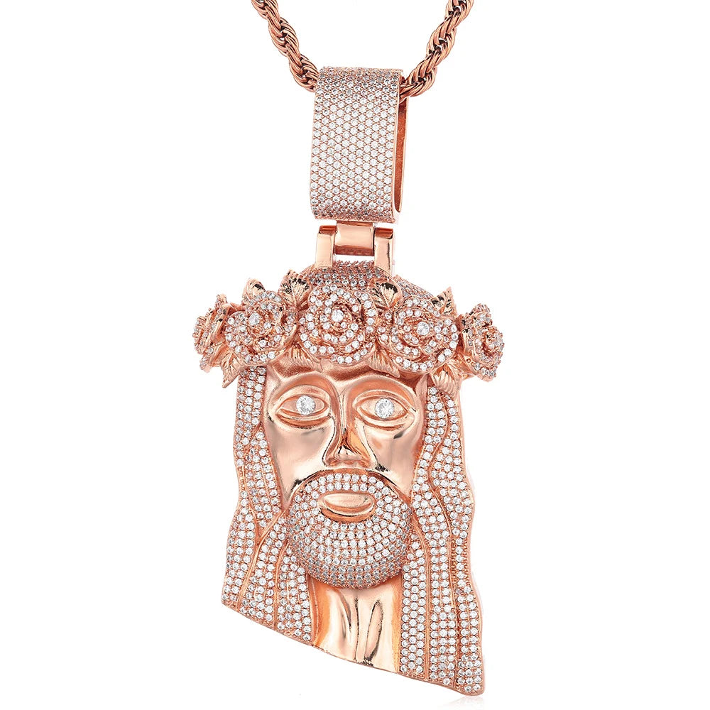 Rose Gold Jesus Cuban Pendant Necklace Iced Out