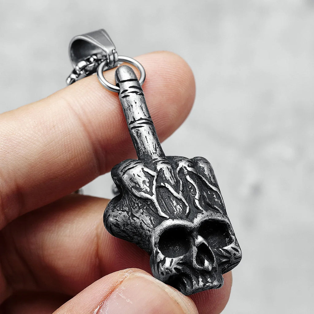 Middle Finger Skull Pendant Necklace — 316L Stainless Steel