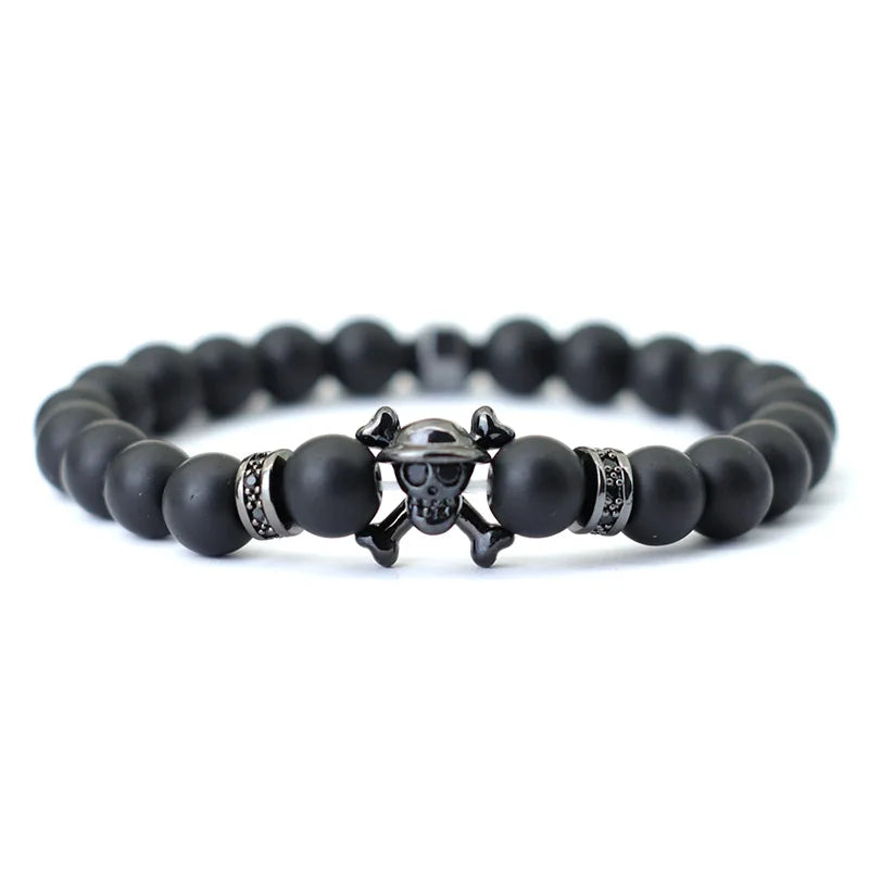 Noter Hiphop Men Bracelet Beaded 8mm Onyx Stone Braclet Wolf Lion Animal Braslet Punk Jewelry Pirate Skull Brazalete