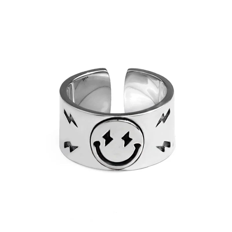 Rings for Men Women Retro Silver Color Jewelry Cute Smile Star Demon Pattern Ring Adjustable Trendy Gifts